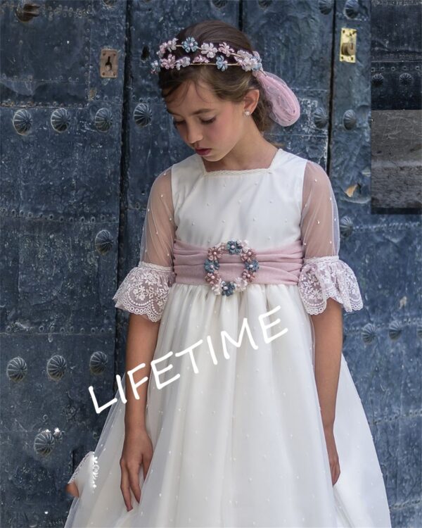 ee24884b73c00073 Flower Girl Long Dresses for Wedding Floral Lace Tulle Floor Length Maxi Kids Bridesmaid Even Ball Gowns Wed Guest