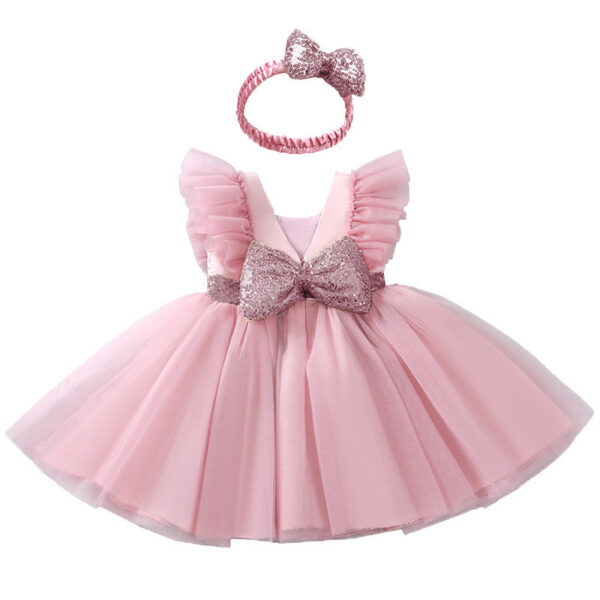 Baby Summer Flying Sleeves Mesh Open Back Bow Princess Girl Birthday Party Elegant Evening Dress