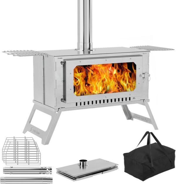 Portable Hot Tent Stove,Wood Burning Stove for Camping, Tent Stove With View Glass, Large Stainless Steel Camping Stove With 5 Chimney Pipes for Outdoor Heating and Cooking