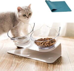 15°Elevated Cat Food Bowls with Silicone Pet Mat, Double Raised Cat Transparent Plastic Bowl with Stand, Stress-Free Suit for Cats and Small Dogs, Anti Vomiting cat Bowl, Cute Cat Face Bowl