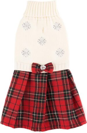 ee9b5e589c349d9f White Embroidery Snowflake Ugly Vintage Knit Reindeer Holiday Festive Christmas Dog Sweater Dress for Puppy,X-Small (XS) Size Back Length 9"
