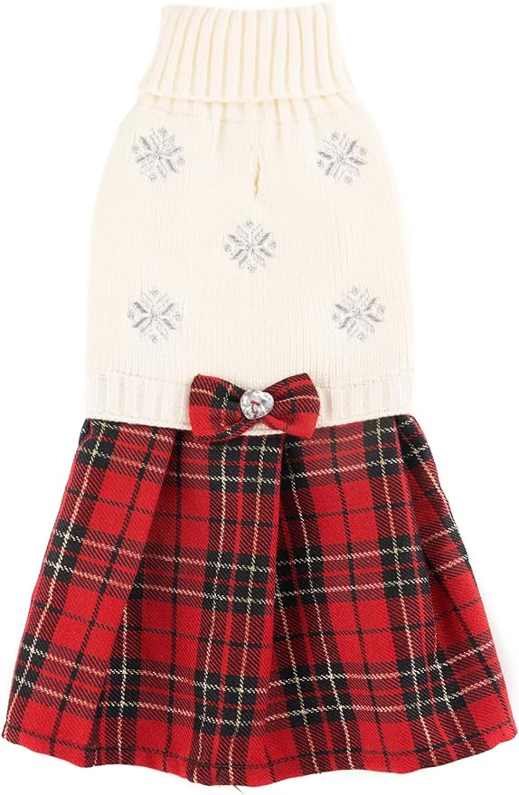 ee9b5e589c349d9f White Embroidery Snowflake Ugly Vintage Knit Reindeer Holiday Festive Christmas Dog Sweater Dress for Puppy,X-Small (XS) Size Back Length 9"