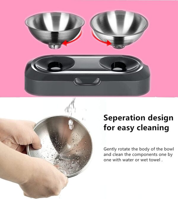 Raised Cat Bowl with Stainless Steel, Non-Slip Silicone Mat & Raised Cat Feeder with 15° & 0° Tilting Neck Protective Bowl for Pets, Cats Food and Water Feeding