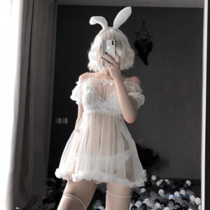eee604ed31b6cfa6 Kawaii Lace Nightdress Lingerie Pajamas Set for Women Off-Shoulder Tulle Temptation See Through Dress Erotic Cosplay Costumes