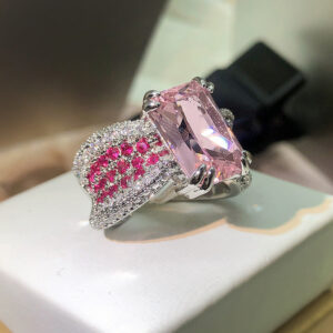 sier high-definition diamond personality opening pink four-claw gemstone ring female party birthday gift