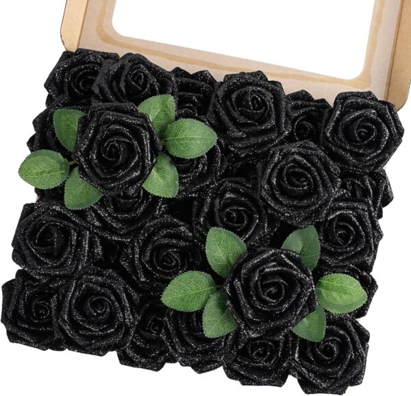 ef736509a889648e MACTING 30PCS Artificial Glitter Flowers, Black Fake Roses with Stem for Valentines Day Tree Ornaments Party Wreath Home Spring Indoor Decorations