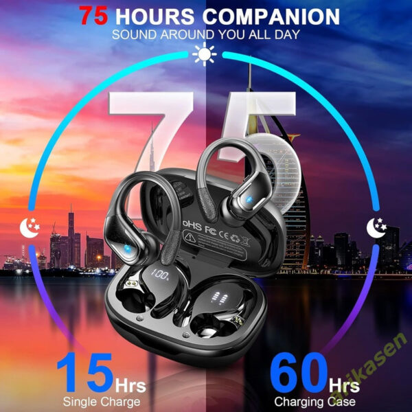 75Hrs Bluetooth 5.3 Earphones IP7 Waterproof Wireless Headphones with ENC Noise Cancelg Mic Deep Bass For Sports Workout Gym