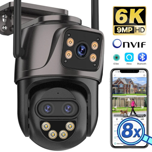 efd562158cb3f622 6K 9MP HD IP Camera Outdoor Three-Lens External WiFi Camera 4K 8MP Dual Screen Security PTZ Cam Auto Tracking Surveillance iCSee