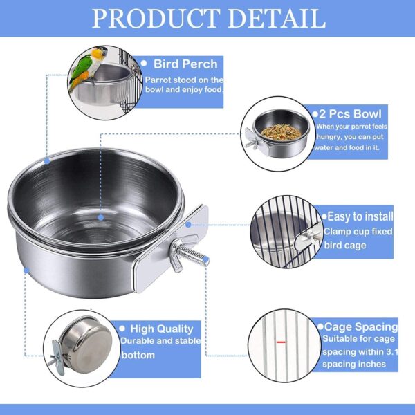 HERCOCCI Bird Feeder Dish Cup, Stainless Steel Parrot Food Bowl Feeding Coop Cups Clamp Holder, Bird Water Cage Bowl for Parakeet Lovebird Conure Cockatiel Budgie Chinchilla (5 Pieces)