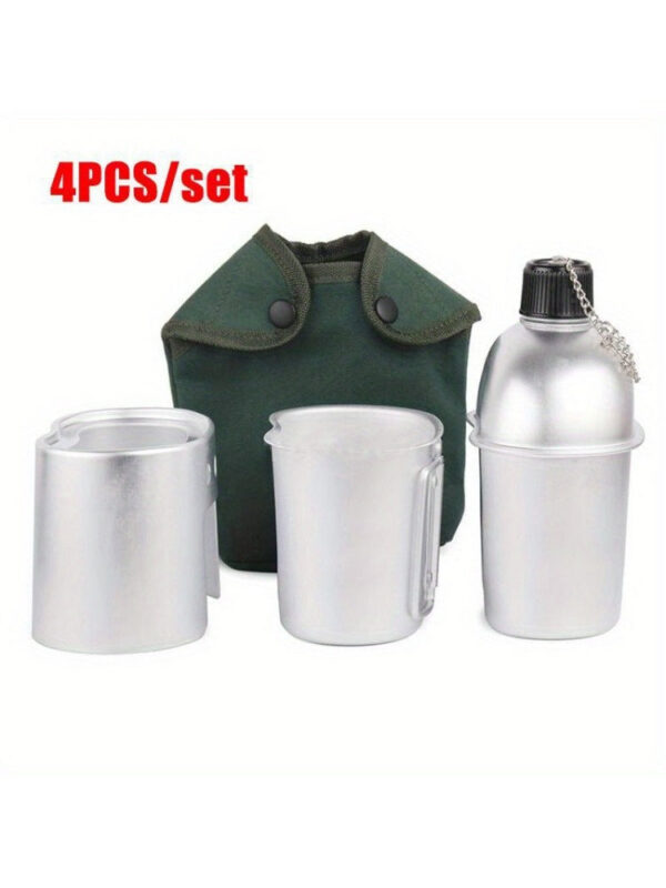 f02035f425c7cd1e 4pcs/set,Military Cookware Set Aluminum Alloy Canteen Multi-Functional Water Bottle with Grab Handled Cup Green Canvas