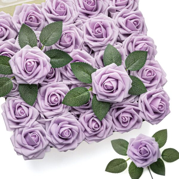 Mocoosy 50Pcs Artificial Rose Flowers, Burgundy Fake Roses for Decorations, Real Touch Foam Rose Bulk with Stems for DIY Wedding Bouquets Bridal Shower Centerpieces Valentine's Party Home Table Decor