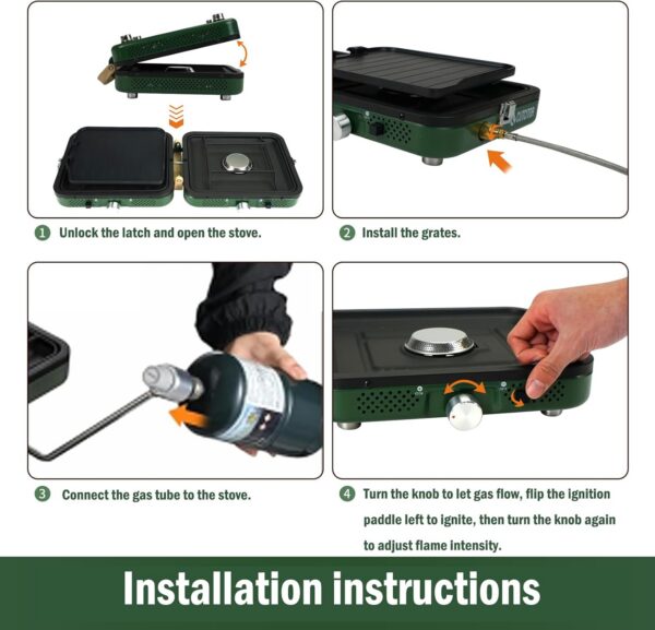 f02ea902d455f85f 2025 Update Portable 2 Burner Propane Camping Stove with Barbecue Plate - 17200 BTU High Output, Two Adjustable Burners, Easy Carrying Handle & Inlet Gas Pipe (GREEN)