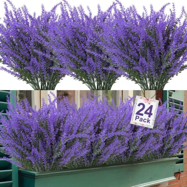f0639fd3a8df72f1 Ouddy Decor 24 Bundles Artificial Lavender Flowers Fake Plastic Purple Flowers Outside UV Resistant for Home Wedding Kitchen Garden Patio Window Box Centerpieces Indoor Outdoor Decor (Gray Purple)