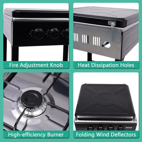 f0d5586ed7627bc2 4 Burner Gas Stove Portable Outdoor Stove with Removable Storage Stand, Heavy Duty Stainless Steel Propane Gas Cooker with Wind Blocking Cover for Camping Picnic Home RV Cooking (no hose)