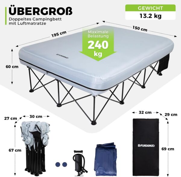 f11ba2602364ed2e FUNDANGO Campingbett Luftmatratze 2 Personen mit Gestell, Camping luftbett mit pumpe Beistelltisch,Aufblasbare Matratze mit Tragetasche, Gästebett für Reisen Angeln Camping Indoor