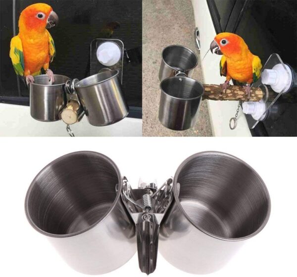 f14aef9941bf0bdc Hypeety Bird Parrot Feeding Double Cups Stainless Steel Food Water Bowls with Clip Bird Seed Feeder Cups Hanging Bowl Cage Stand Accessories