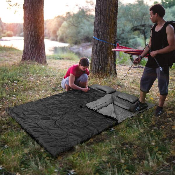 COSTWAY Double Sleeping Bag, Extra Large - 220 x 150 cm - Converts into 2 Singles, Waterproof Sleeping Bag with Free Pillows and Carrying Bag for Camping, Hiking