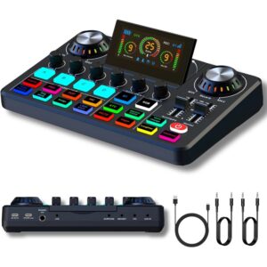 f19eb0a9869d1616 Audio Mixer, Live Sound Card with DJ Mixer Effects & Voice Changer, Sound Board with RGB, Music Recording Equipment