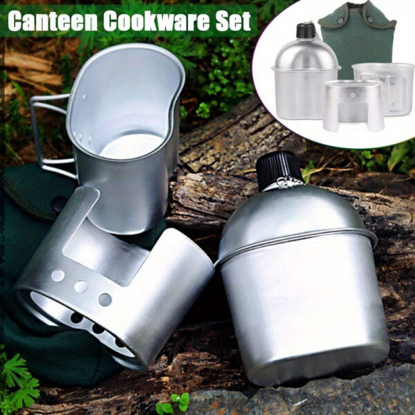 f1b9ccc9e68fb36f 4pcs/set,Military Cookware Set Aluminum Alloy Canteen Multi-Functional Water Bottle with Grab Handled Cup Green Canvas