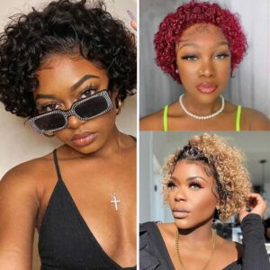 f1d026d43cf996ba Pixie Cut HaiShort Curly Front Human Hair For Women Brazilian Water Wave Bob Wig 13x1 Transparent Lace Wigs