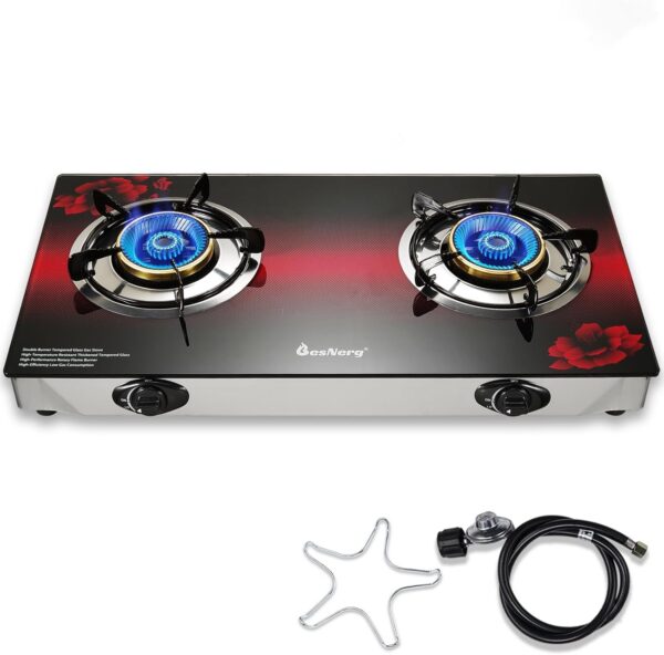 f1fb1f1f89812821 Propane Stove 2 Burner Gas Stove, 28800 BTU High-Efficiency Auto Ignition Tempered Glass LPG Cooktop with CSA Regulator and Hose – for Outdoor Camping, RV, and Emergency Cooking