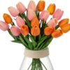10 Pcs Orange Tulips Artificial Flowers Real Touch Fake Tulips Fake Flowers for Decoration 13.5" Faux Tulips Faux Flowers Bulk Artificial Tulips Flowers for Vase Centerpieces Home Wedding Bouquet