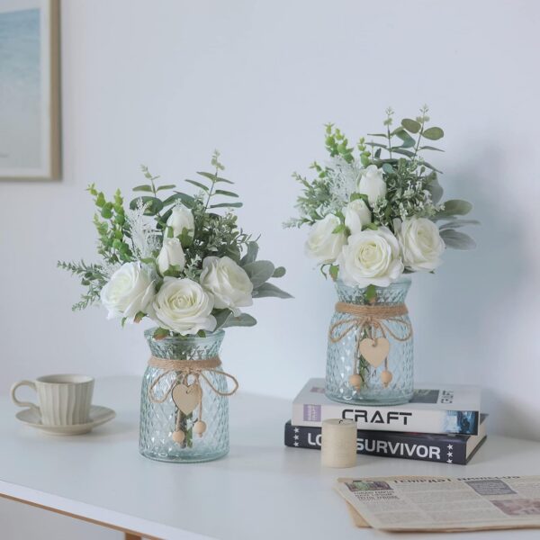 Faux Flowers with Vase,Artificial Silk Roses in Vase, Fake Plant Eucalyptus Flower Arrangement for Home Office Farmhouse Bathroom Dining Table Centerpiece Decorations Coffee Table Decor (Pink)