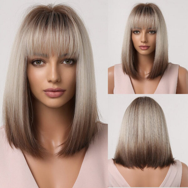 Brown Blonde Ombre Short Bob Wigs for Women Cosplay Synthetic with Bangs Dark Roots Gray Natural Hair Wig Heat Resistant