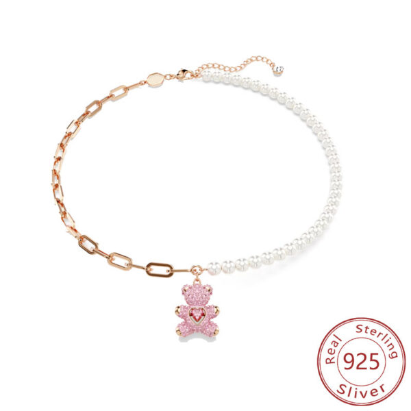New Sier Jumping Pink Teddy Bear Pendant 3D Full Diamond Necklace