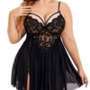 Avidlove Plus Size Lingerie Lace Babydoll Womens Strap Chemise Nightgown V Neck Nighty Mesh Sleepwear Side Slit Nightdress