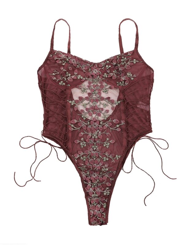 f303b09c604a220c Lilosy Women Sexy Lace Up Floral Embroidered Teddy Lingerie Bodysuit Top Mesh Sheer One Piece
