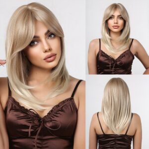 Brown Blonde Ombre Short Bob Wigs for Women Cosplay Synthetic with Bangs Dark Roots Gray Natural Hair Wig Heat Resistant