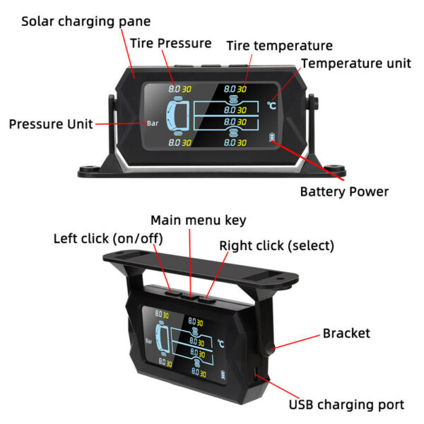 f3792bd2e3b34742 Car RV Truck TPMS Tire Pressure Monitoring System Wireless Solar with 6 External Sensors Digital LCD Alarm 0-8bar 0-15bar