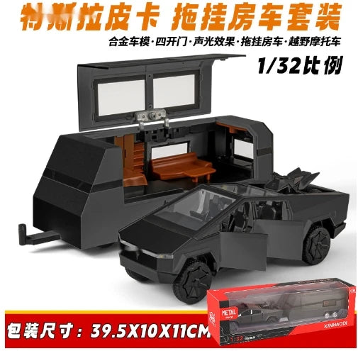f3ab2fa0d542d3c9 1:32 Tesla Cybertruck Pickup Trailer Alloy Car Model Diecast Metal Toy Off-road Vehicle Truck Model Sound & Light Kids Gifts