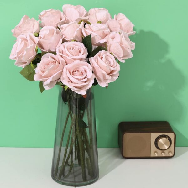 15Pcs Artificial Roses Velet Real Touch Single Stem Fake Roses Silk Realistic Bouquet Flowers Arrangements Home Office Garden Grave Party Wedding Decoration(Light Pink-15p, Blossom Roses)
