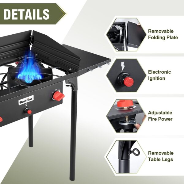 f3faa868ab8057fb 2 Burner Gamping Stove with Windpanel& Side Shelves, Bag, Auto Ignition Button,Regulator,150,000 BTU Camping Stove Propane Burner for Outdoor BBQ&Backyard Cooking Camping Home