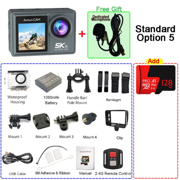 f421cb5c1daf1902 5K 4K60FPS Action Camera Dual IPS Touch LCD EIS 170° DVR 30M Waterproof 5X Zoom Sport Camera With Wireless Mic & Pre Recording
