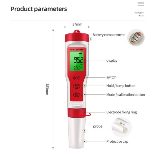f43b1835e7bc1bd6 4 in 1 PH TDS EC Temperature Meter Digital Quality Monitor Tester for Pools Drinking Water Aquariums