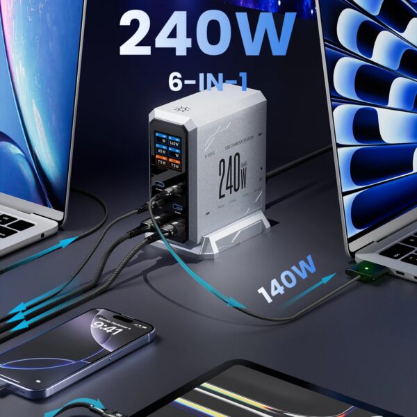 f463650c8a4ba0f1 240W GaN Charger PD3.1 140W USB Type C 6 Ports PPS PD Desktop Fast Charging Station for MacBook Laptops Tablet iPhone Samsung