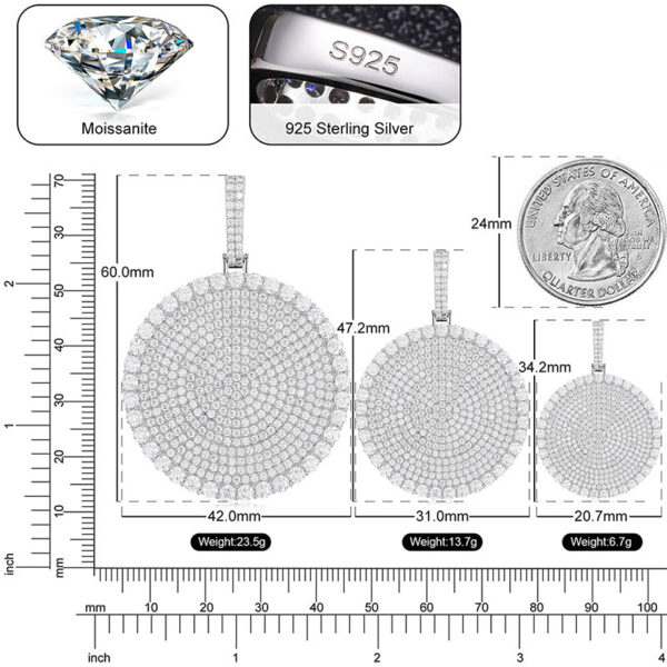 20/30/40mm Round D Color VVS Moissanite Pendant Sterling Sier Necklaces Iced Out Shining Passed Diamond Test Wholesale