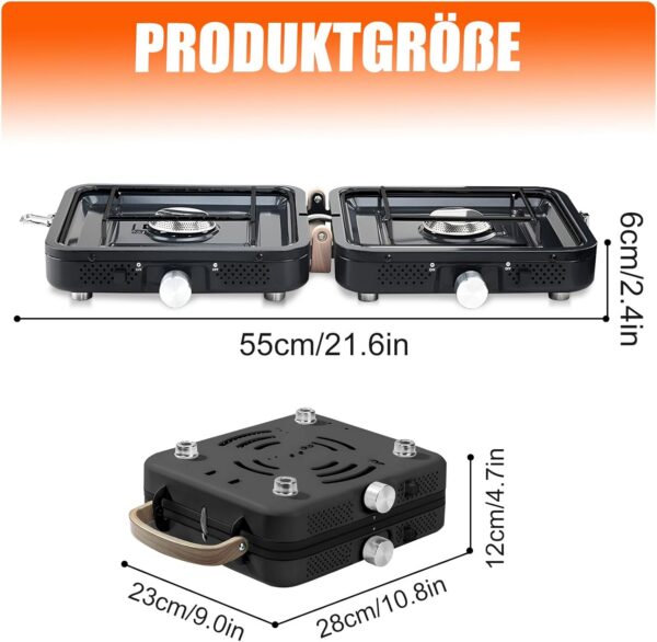 Hengriacly Campingkocher, Collapsible & Tragbare, Gaskocher 2 Flammig mit Piezo-Zündung, inkl. Grillplatte & Gasschlauch, für Outdoor BBQ, Wandern & Notfälle, Butan