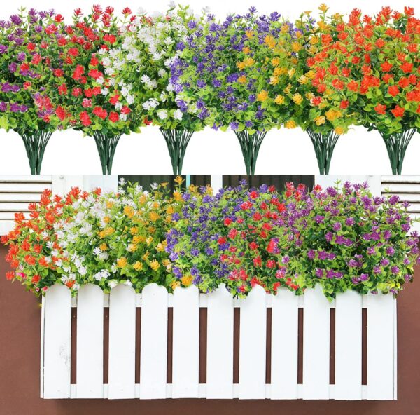 f4aee5713dc10d81 CEWOR 9pcs Artificial Flowers, UV Resistant Faux Outdoor Flowers, Fake Plastic Flowers for Cemetery Decoration Home Kitchen Bedroom Wedding Party Decor (Yellow, Purple, Green)