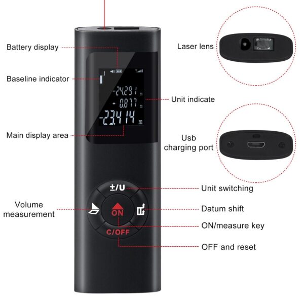 40M/60M Mini Smart Distance Meter Measure Infrared Rangefinder USB Rechargeable Portable Handheld Laser Range Finder Tools