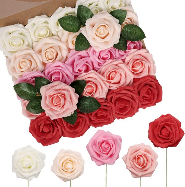N&T NIETING Artificial Flowers, 25Pcs Fake Flowers Roses Perfect for DIY Wedding Bouquets Centerpieces Bridal Shower Party Home Flower Arrangement Decorations, Rainbow Color