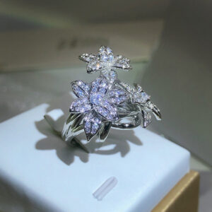 Sier High Quality Pear Shape Branch Zircon Women's Fashion Flower Diamond Big Ring Party Birthday Gift