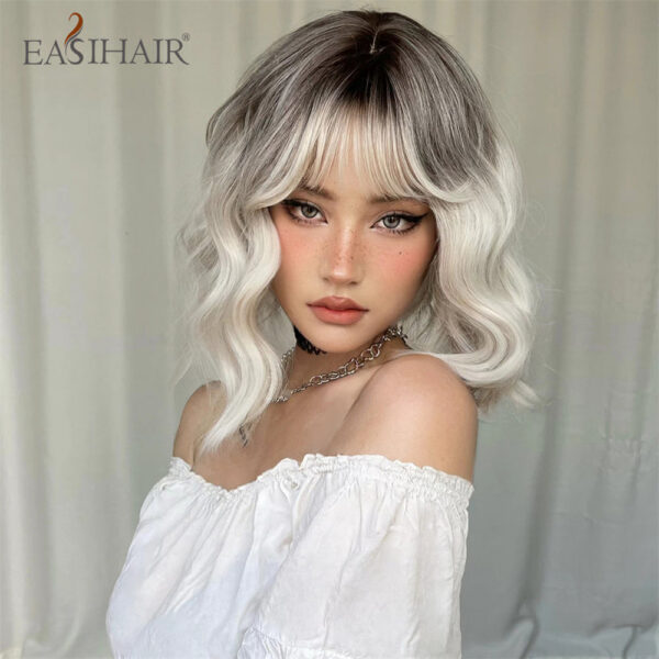 EASIHAIR Ombre Blonde Short Wavy Cosplay Lolita with Bangs Light Platinum Bob Synthetic Hair Wigs for Women Heat Resistant