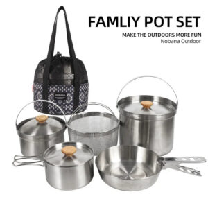 NOBANA Newest Outdoor Stainless Steel Pot Set Camping Family Pot Set 5L Portable Picnic Soup Pot Frying Steaming Household Pot