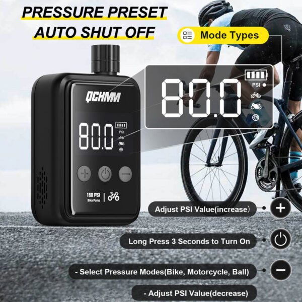 Mini Electric Pump with Digital LCD Pressure Gauge, Ultra Small 120 PSI Bicycle Air Pump, 500 mAh, Type-C