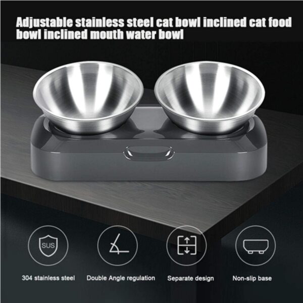 Raised Cat Bowl with Stainless Steel, Non-Slip Silicone Mat & Raised Cat Feeder with 15° & 0° Tilting Neck Protective Bowl for Pets, Cats Food and Water Feeding