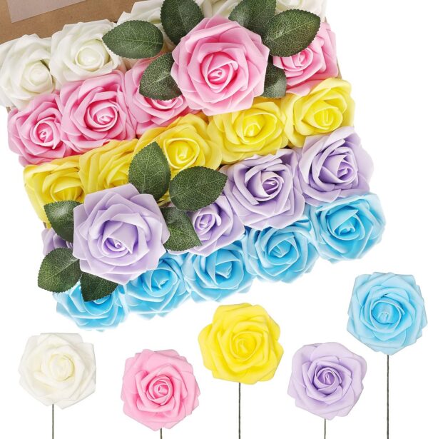 N&T NIETING Artificial Flowers, 25Pcs Fake Flowers Roses Perfect for DIY Wedding Bouquets Centerpieces Bridal Shower Party Home Flower Arrangement Decorations, Rainbow Color